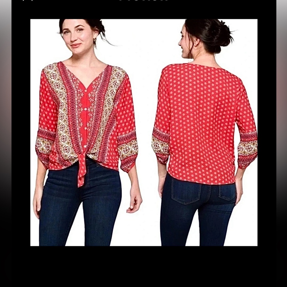 Stitch Fix West Kei Talina Boho Oversized Blouse Tie Front Roll Tab Sleeves